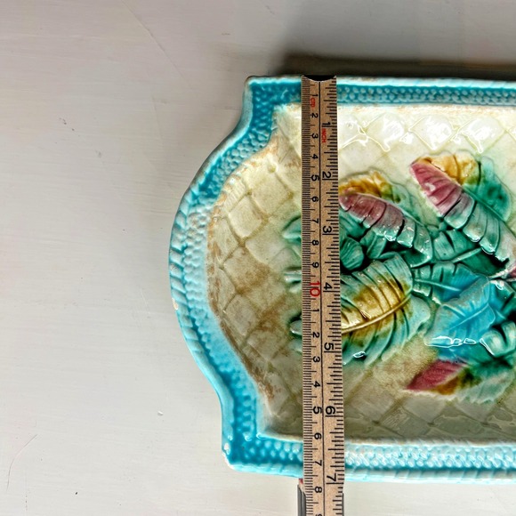 Antique Majolica Banana Leaf Basketweave Bread Serving Tray Blue Glaze 19th C - Picture 16 of 16